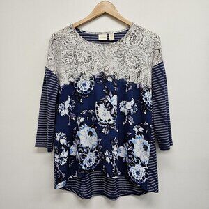 Chicos Womens Top Sz 0 Small Blue Floral Paisley 3/4 Slv Linen Polyester Blend
